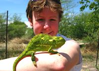 Kirsty with a chameleon, Botswana